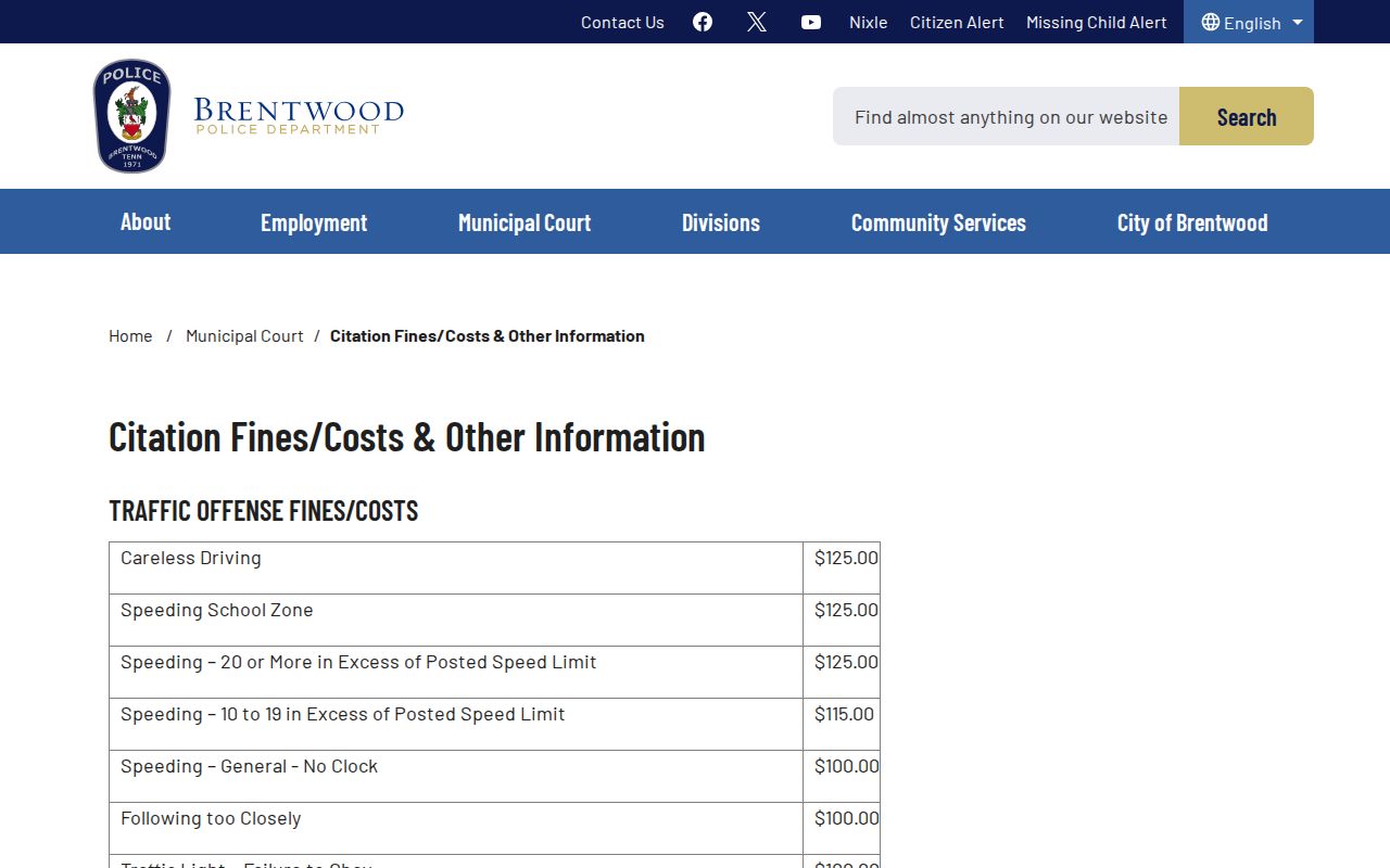 Brentwood municipal court citation fine and cost information