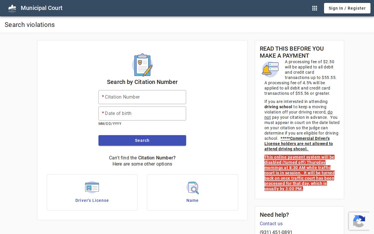 Spring Hill municipal court citation search fields