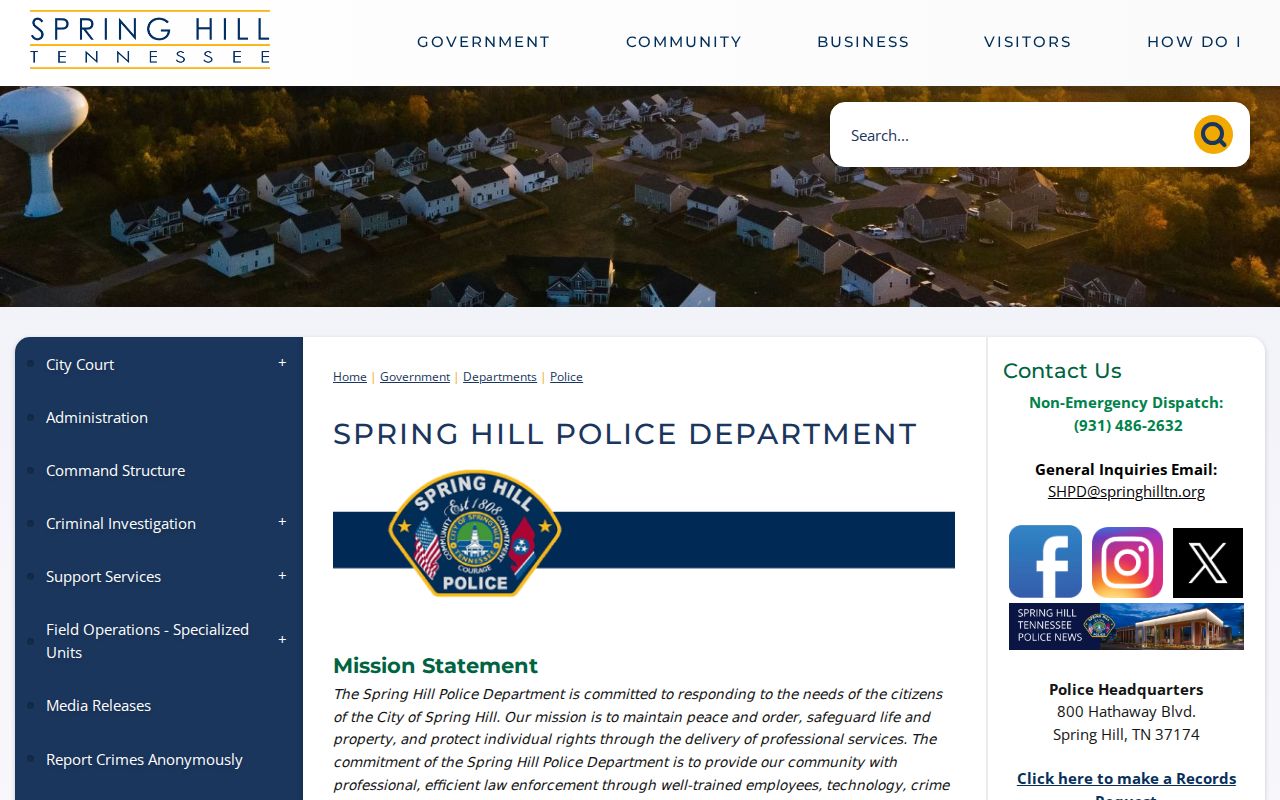 Spring Hill Police Department public information page