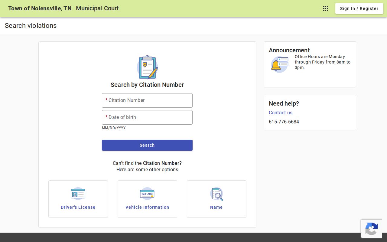 Nolensville official municipal court payment search screen